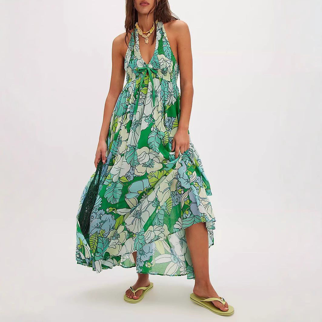 V-neck Resort-style Backless Sleeveless Printed Dress
