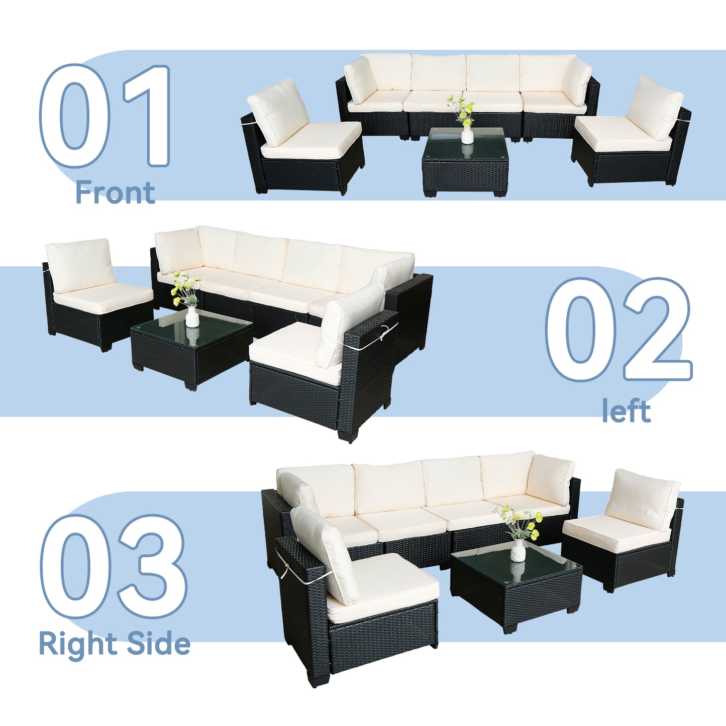 Selling Seven-Piece Sofa Set Table With Sofa Chair Black PE Rattan Outdoor New Design Furniture 7-JH002 Box 3-1-2-3 With White Color Cushion