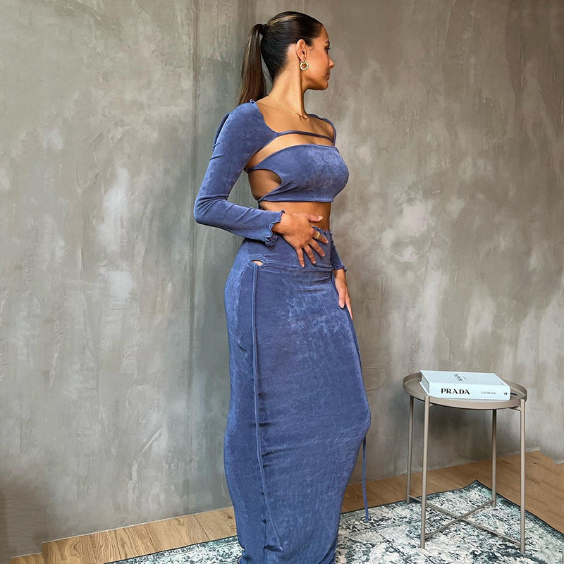Women's Tube Top Suit Autumn New Fashion Long Sleeve Backless Lace Up Long Skirt Three-piece Set