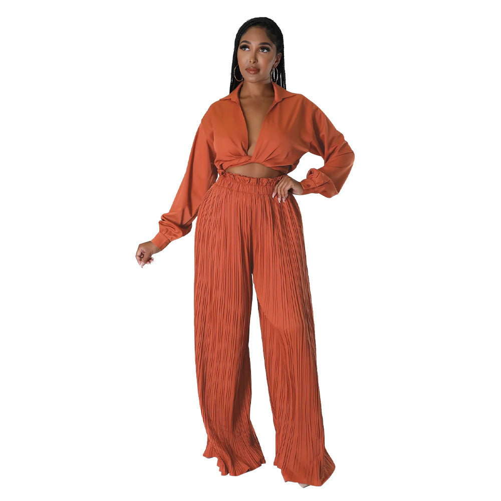 Chemisier plissé et pantalon à lacets à manches longues et col en V pour femme, best-seller de l'automne, vente en gros