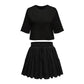 Round Neck Solid Color Half Sleeves Loose Top T-shirt Drawstring Pleated Skirt Commuter Suit