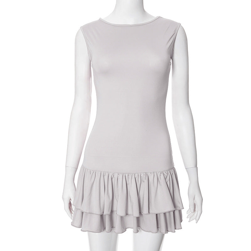 Contrast Color Round Neck Sleeveless Lace Fashion Short Dress Women