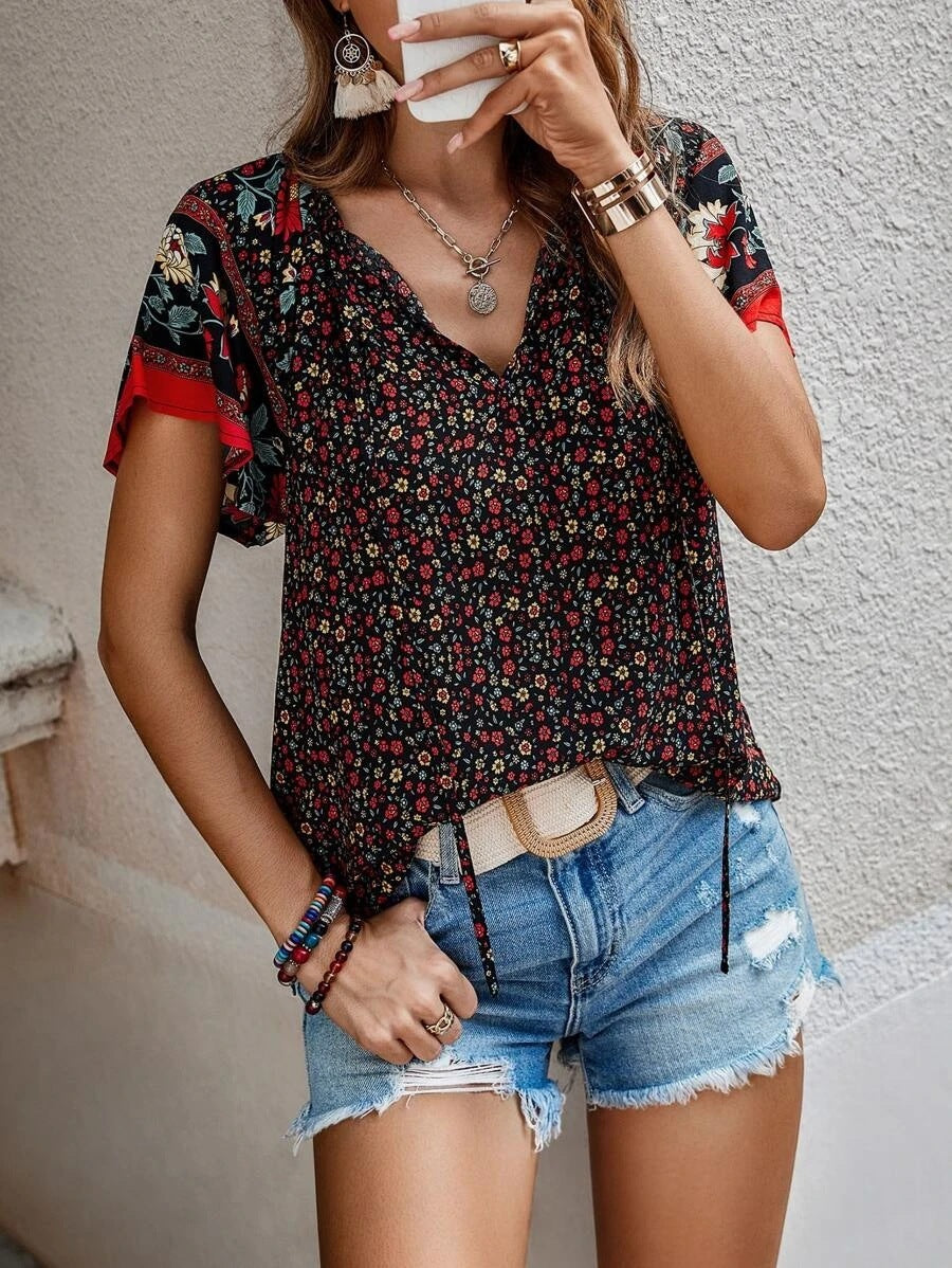 European American Summer New Casual National Style Printed V-neck Short Sleeve Loose Shirt