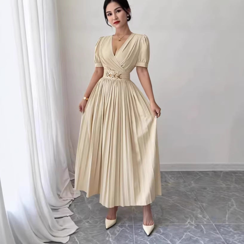 Cross V-Neck Defined Waist Slimming Puff Sleeve Patchwork Pleated Dress For Women