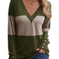 Color Block Stitching Fastener Decoration Casual V-neck Top
