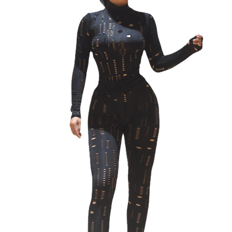 Women's New Cutout Ripped High Waist Tight Trousers Leisure Sports Suit Women
