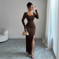 Women's Solid-Color Slimming Knitted Long-Sleeve Split Dress