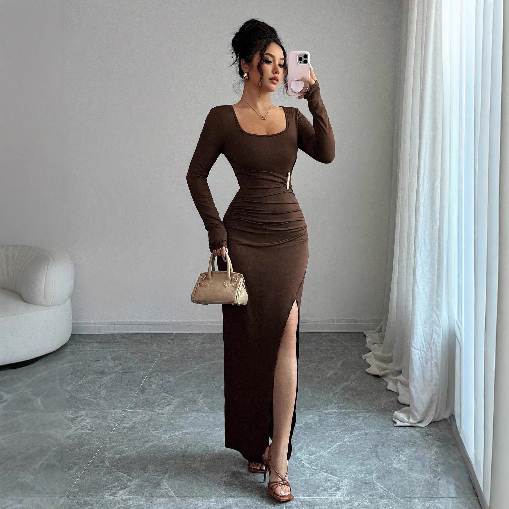 Women's Solid-Color Slimming Knitted Long-Sleeve Split Dress