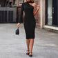 Womens One-shoulder Long-sleeve Dress With A Slash Neckline And Halter Neck