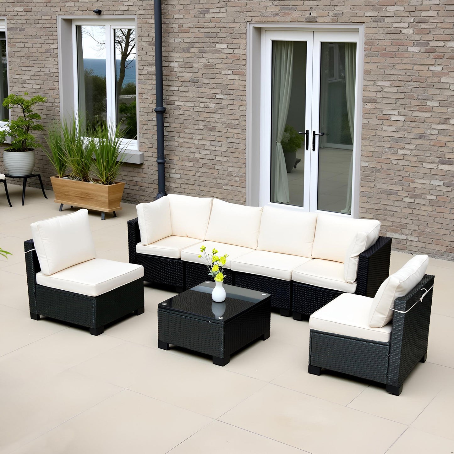 Selling Seven-Piece Sofa Set Table With Sofa Chair Black PE Rattan Outdoor New Design Furniture 7-JH002 Box 3-1-2-3 With White Color Cushion