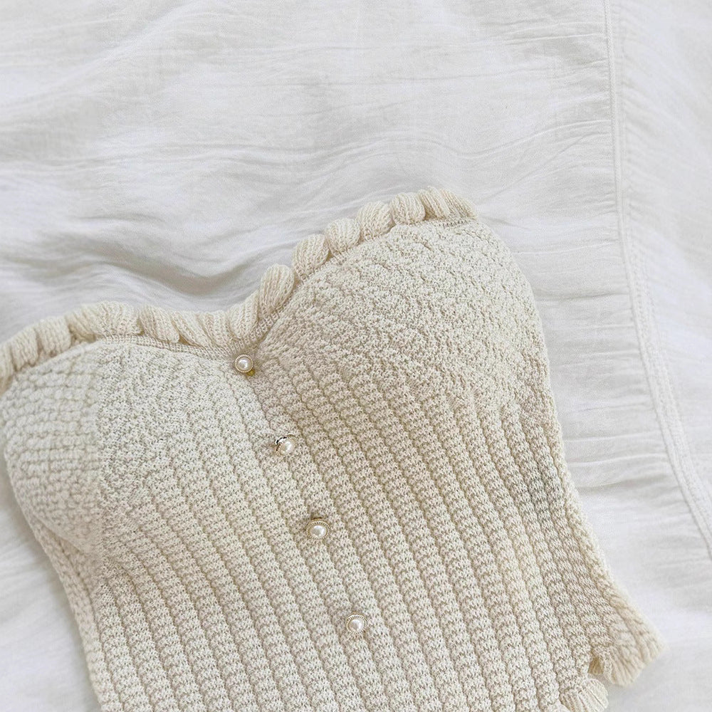 White Knitted Fabric Tube Top New Knitted Slim Fit Single Row Multi-buckle