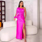 Diagonal Collar Raglan Sleeve Pleated Waist Tight Split Long Dress