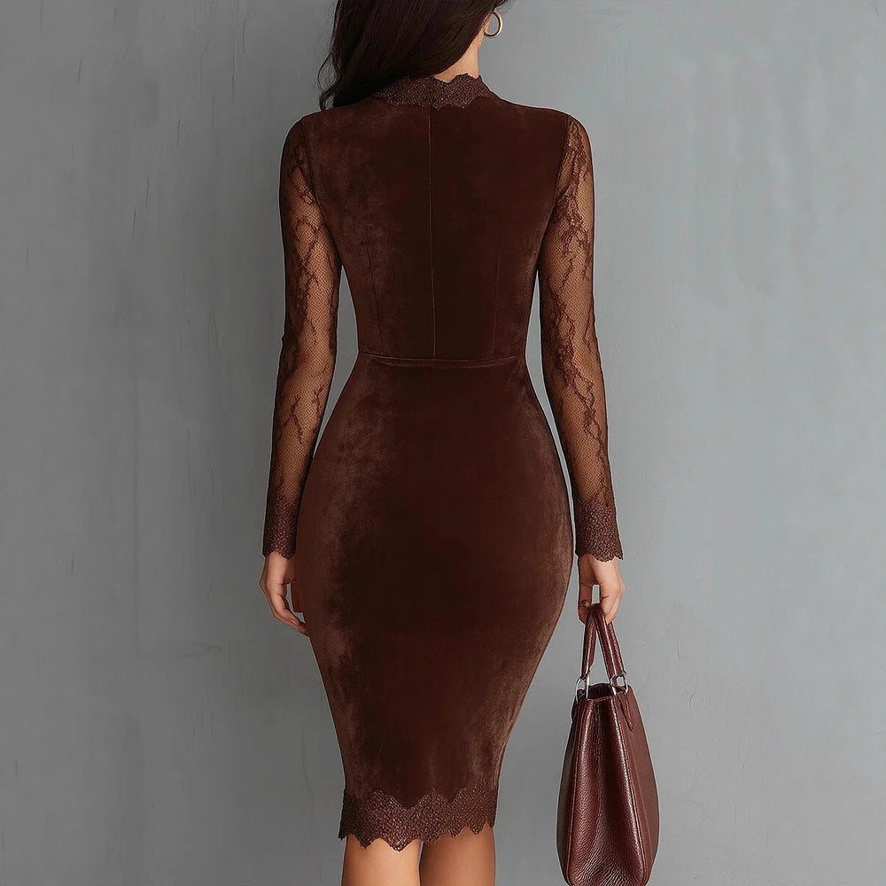 Elegant V-neck Lace-panelled Waist-cinching Hip-hugging Dress