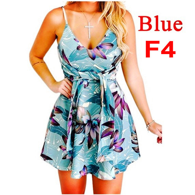 Women's V-Neck Sling Sleeveless Backless Bandage Print Swing Dress