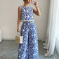 Plant-patterned Crew-neck Sleeveless Top And Wide-leg Pants Set With A Printed Design