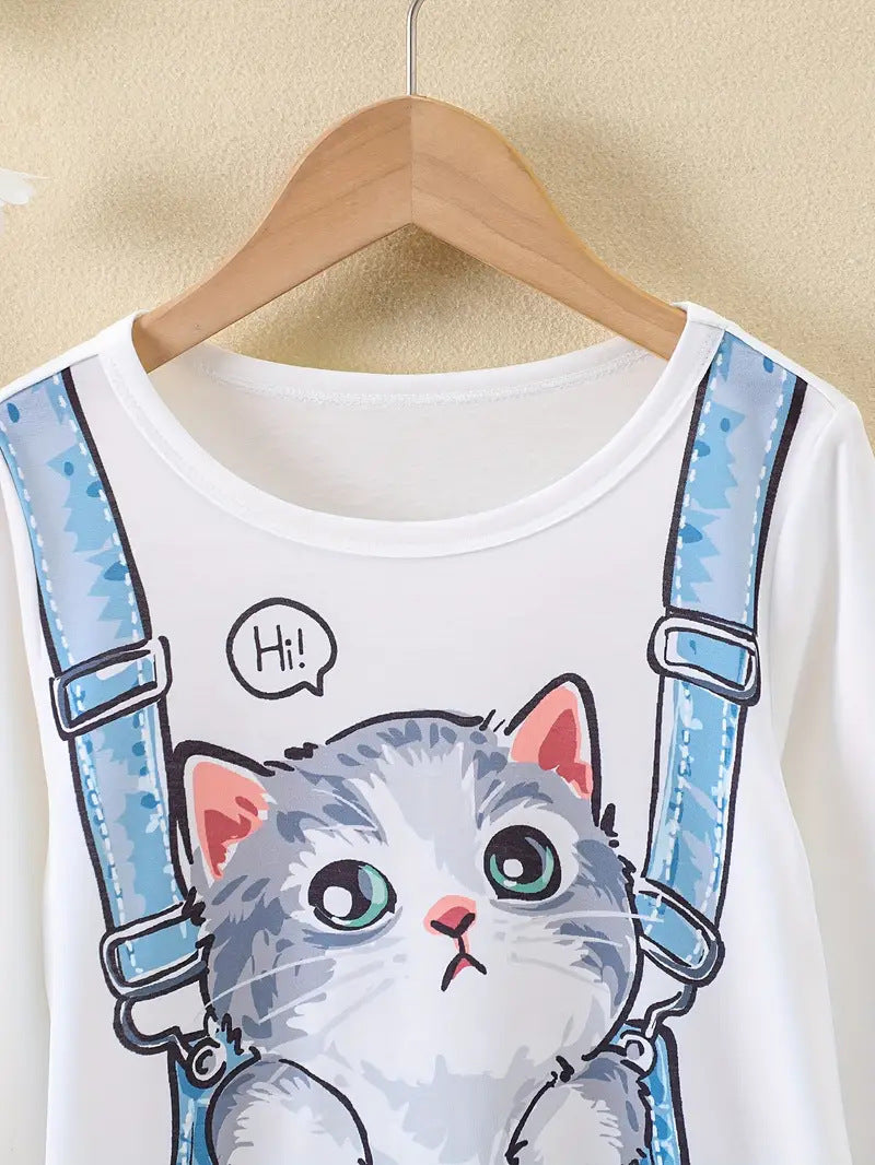 Haut à manches longues pour petite fille, motif chaton mignon, cadeau pour enfants, fête