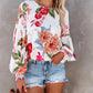 Women's Printed Pleated Puff Sleeve Round Neck Top