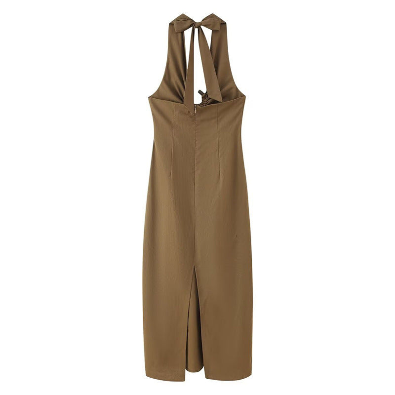 Linen Blended Buckle Decoration Midi Skirt Halter Dress