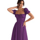 Womens Slimming Elegant Puff-Sleeve Lace-Up Short-Sleeve Dress