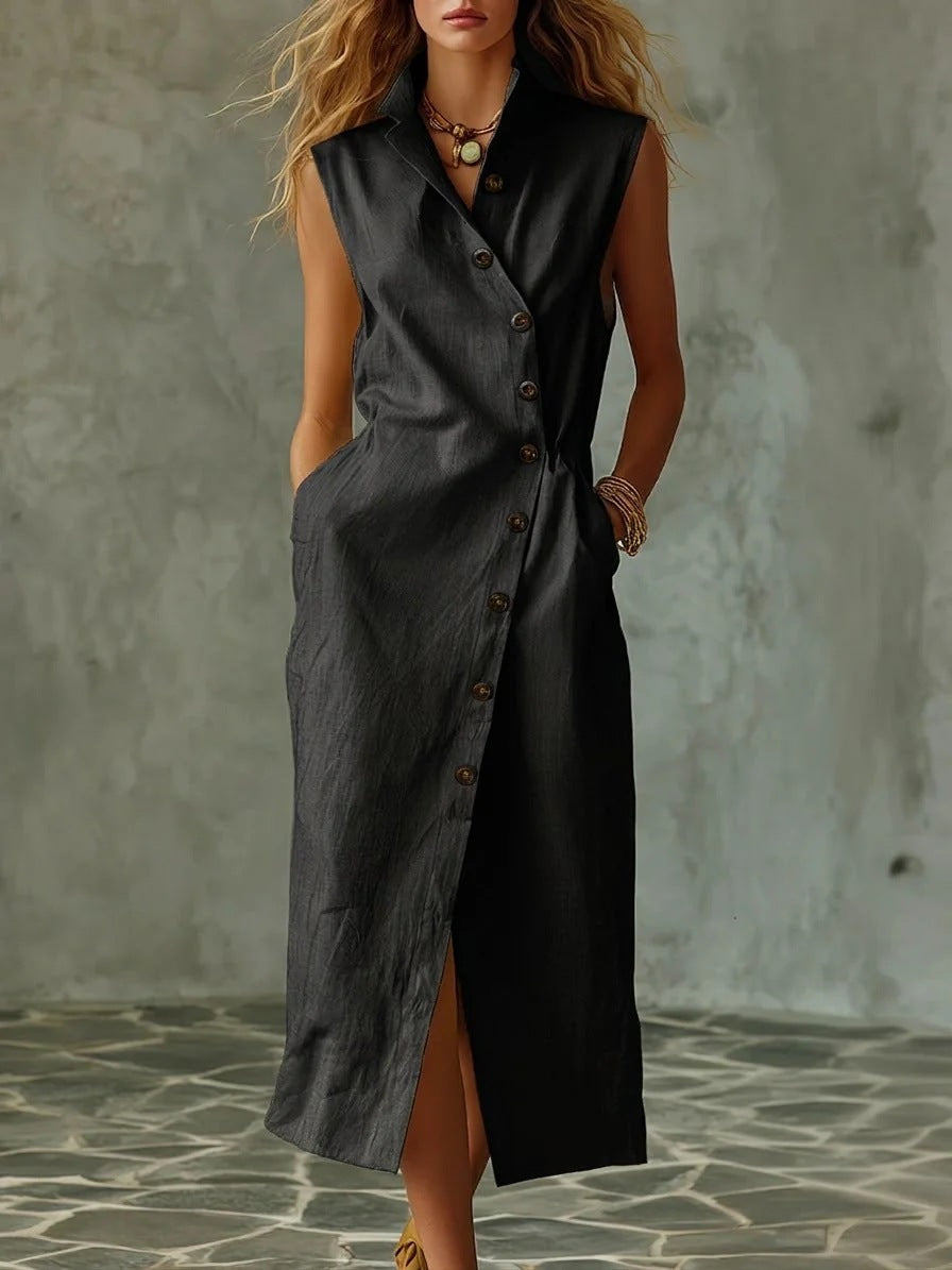 Slim-fit Elegant Single-breasted Dress With A Stand-up Collar For Women