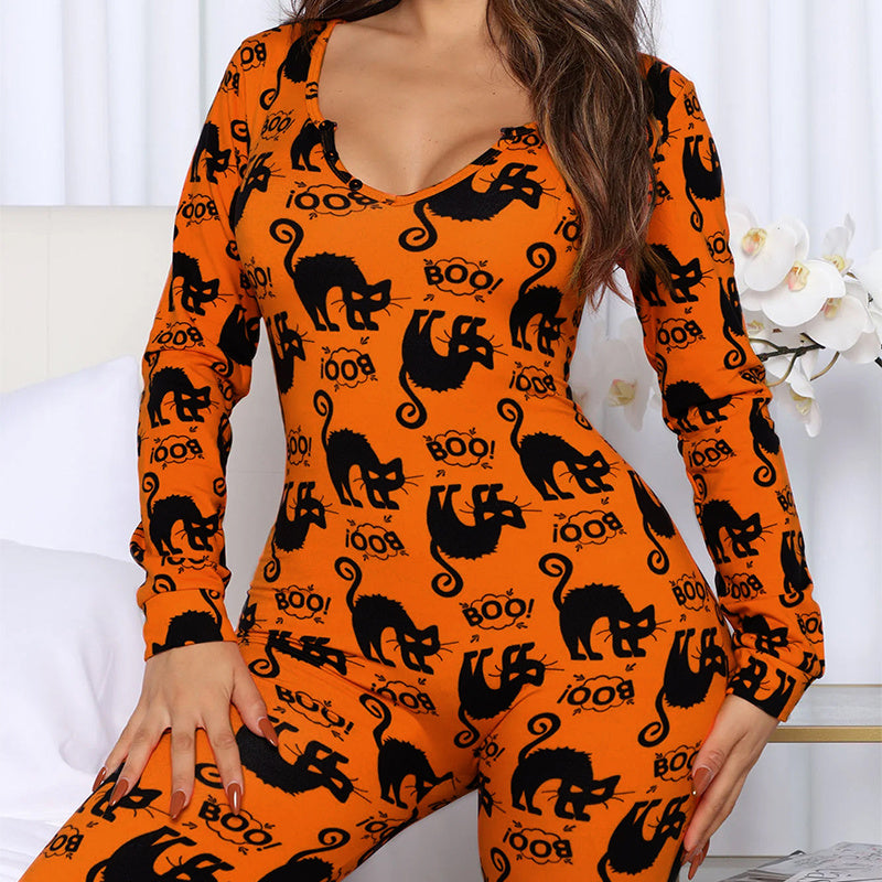Combinaison imprimée Halloween à manches longues, pyjama pour la maison, pantalon décontracté, vêtements de cosplay pour femmes