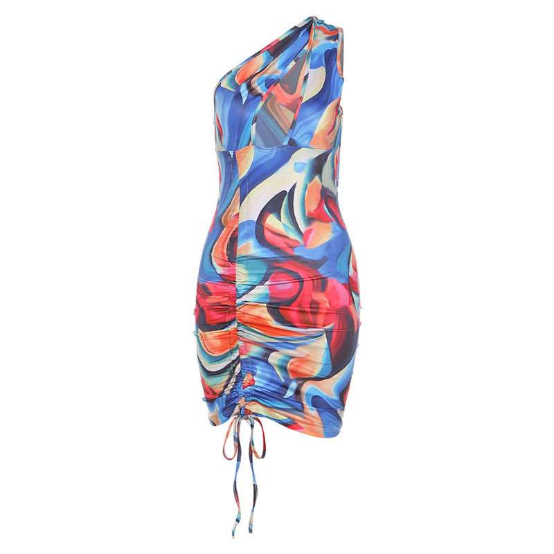 Slim Dress With Slanted Shoulders And Backless Drawstring