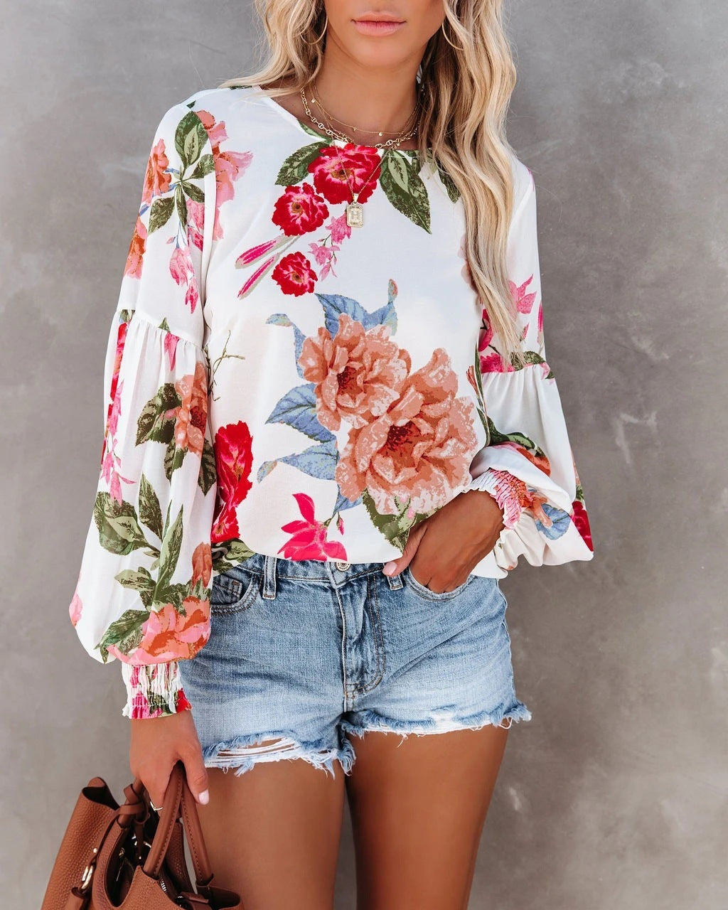 Women's Printed Pleated Puff Sleeve Round Neck Top