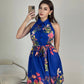 Women's Casual Printed Waist-Cinching Halter-Neck Lace-Up Dress