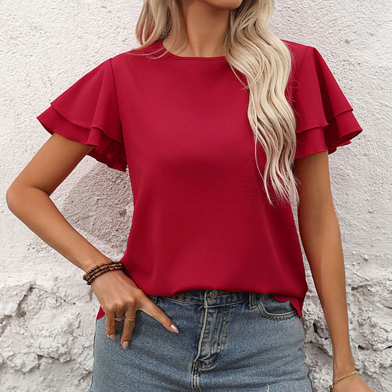 Women's Double-layer Ruffle Sleeve Solid Color Top