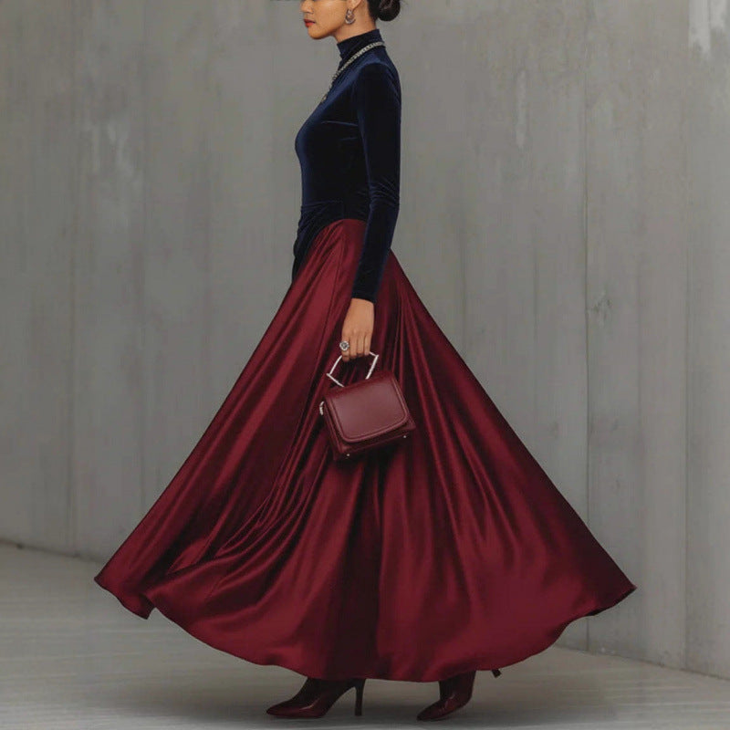 Womens Velvet Patchwork Color-Block Turtleneck Gown