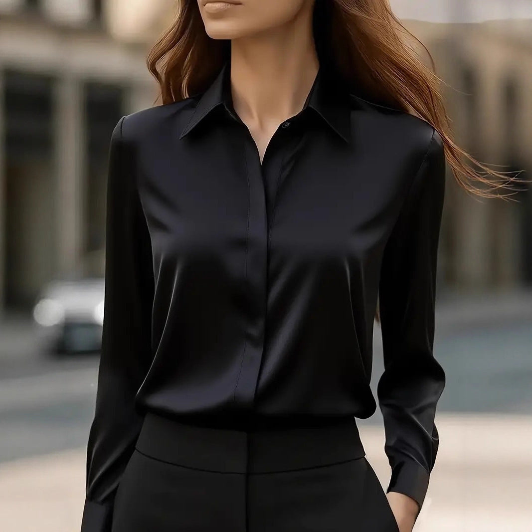 Solid Color Long Sleeve Lapel Satin Blouse