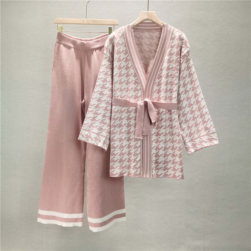 Spring And Autumn Jacquard Houndstooth Knitted Wide-leg Pants Two-piece Set