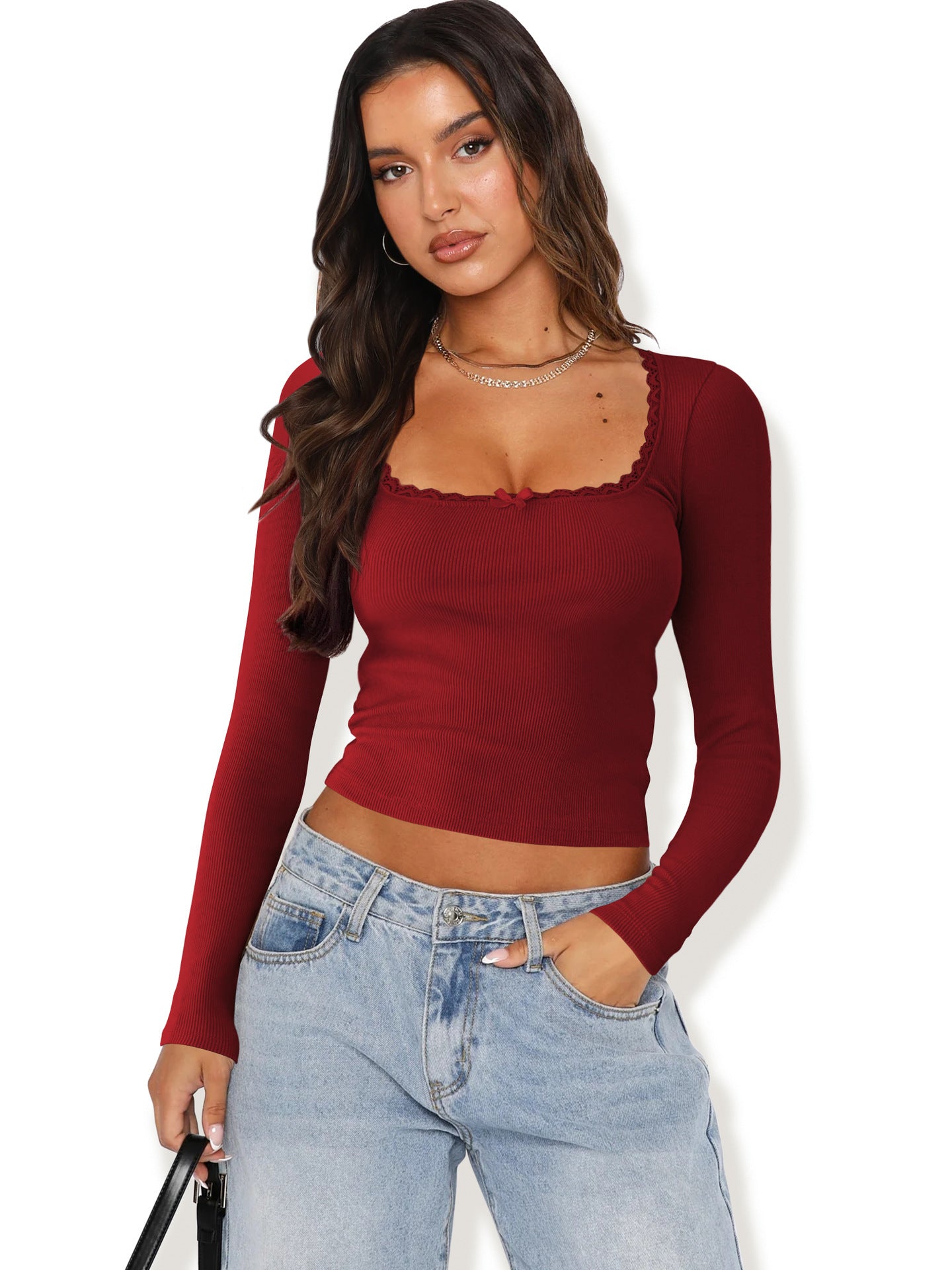 Slimming Slim Lace Stitching Top U-neck Bottoming Shirt