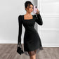 Womens Casual Patchwork High-Waisted Long-Sleeve Dress