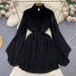 Spring And Autumn Pleated Bell Sleeve Turtleneck Dress