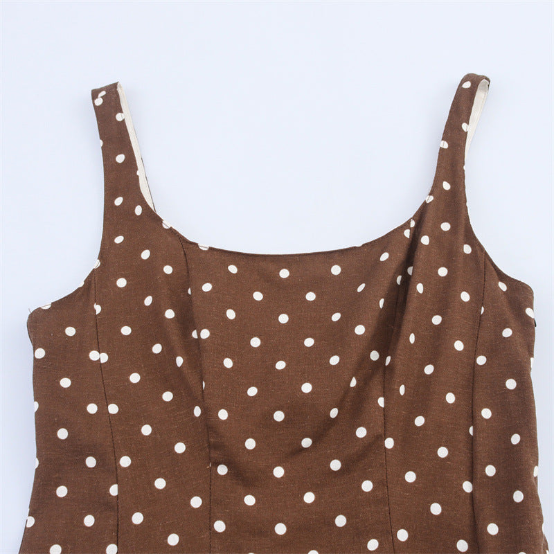 Summer Retro Waist-controlled Polka Dot Midi Skirt Sling Dress