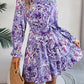 Stand Collar Flower Waist-controlled Long Sleeves Ruffled A-line Dress