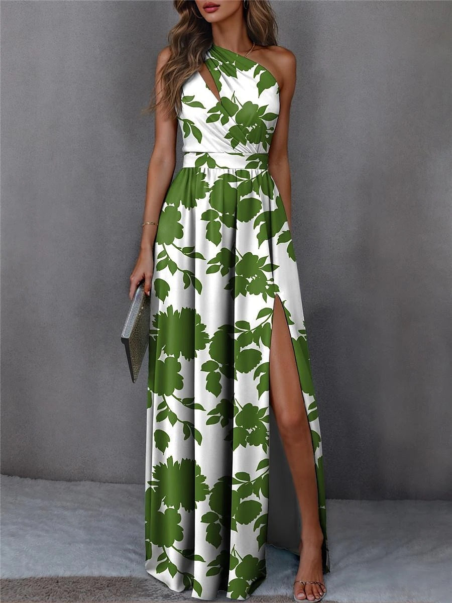 Robe élégante fendue sans manches à épaules inclinées et taille haute