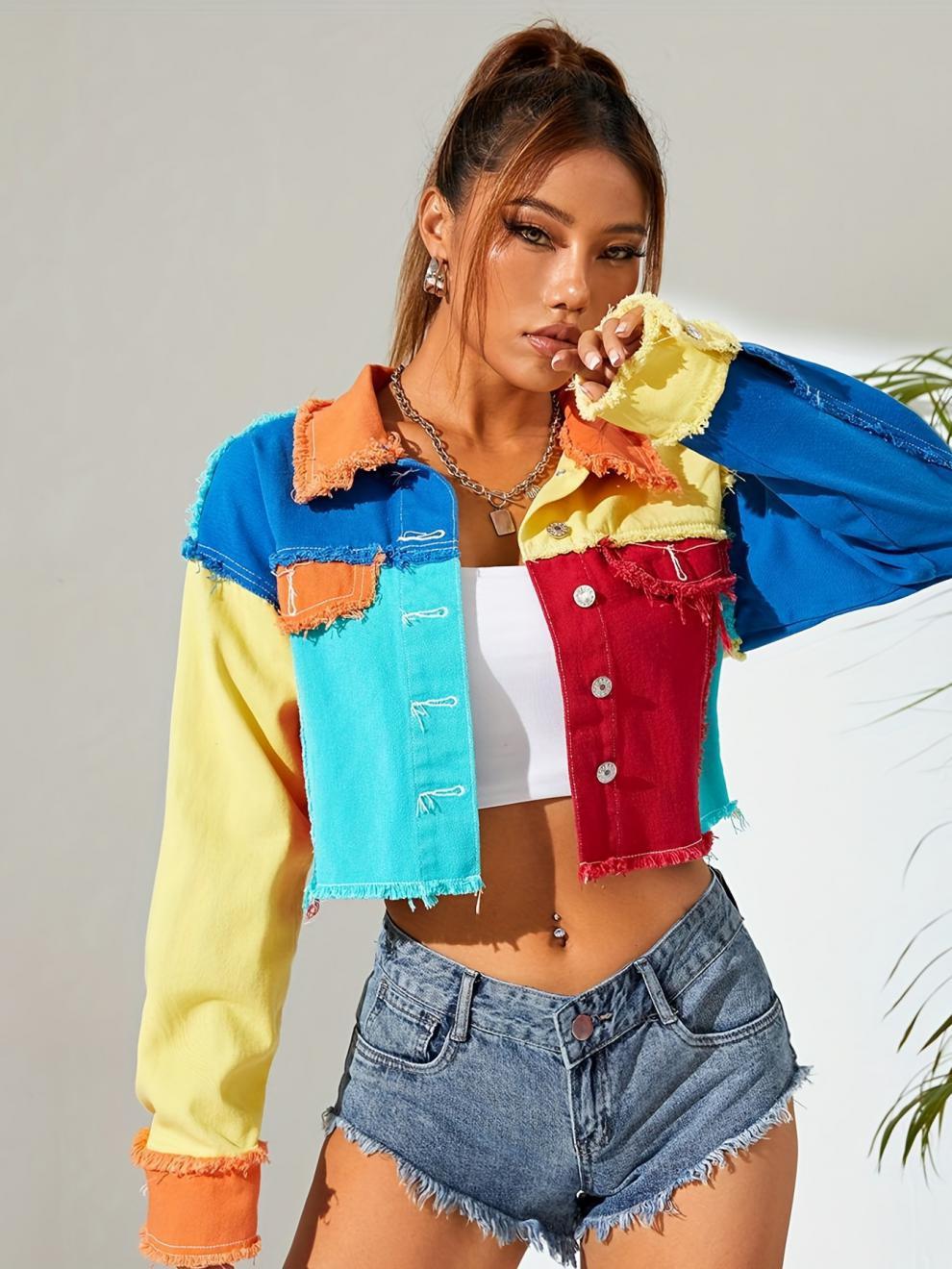 Personalized American-style Colorful Street Denim Short Top For Women