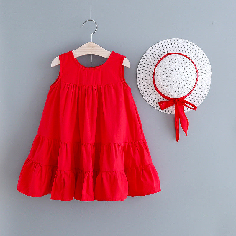 Robe d'été sans manches à col rond pour filles, couleur unie