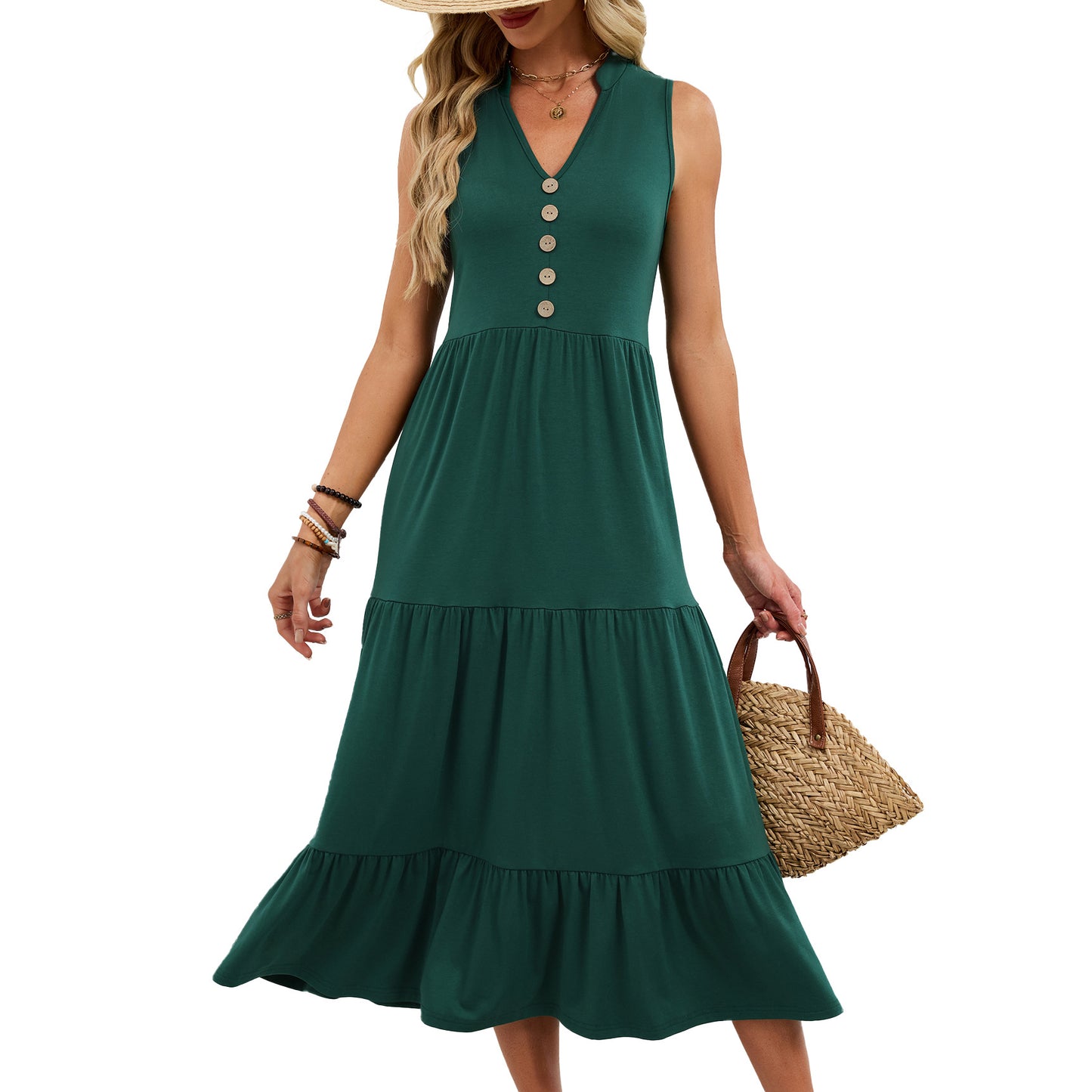 Spring Summer New Solid-Colored V-Neck Buttoned Sleeveless Long Pleated Dress