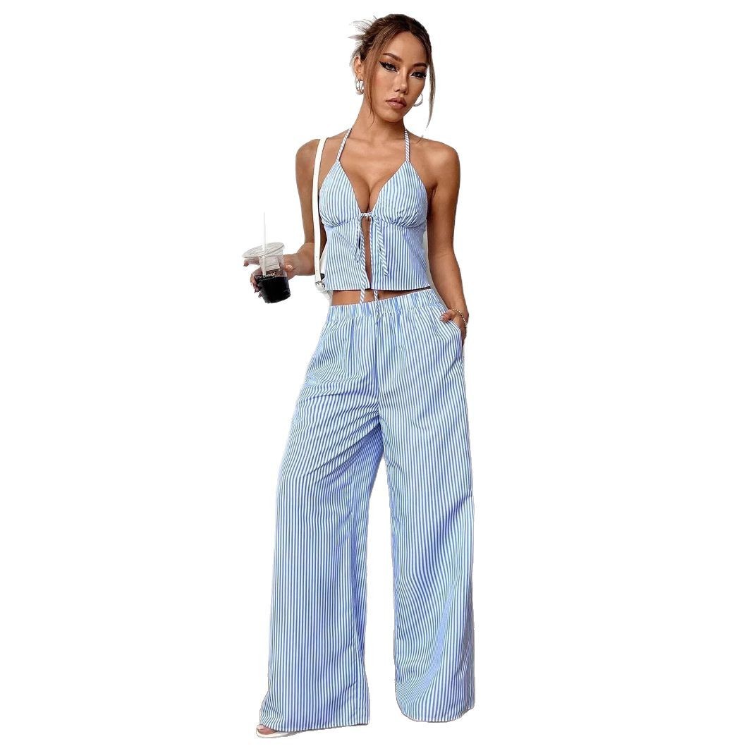 Summer Stripes Vest Plus Stretchy Straight-leg Pants Casual Two-piece Suit
