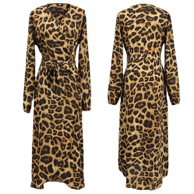 Jupe d'automne à imprimé léopard, col en V, manches longues, robe à lacets