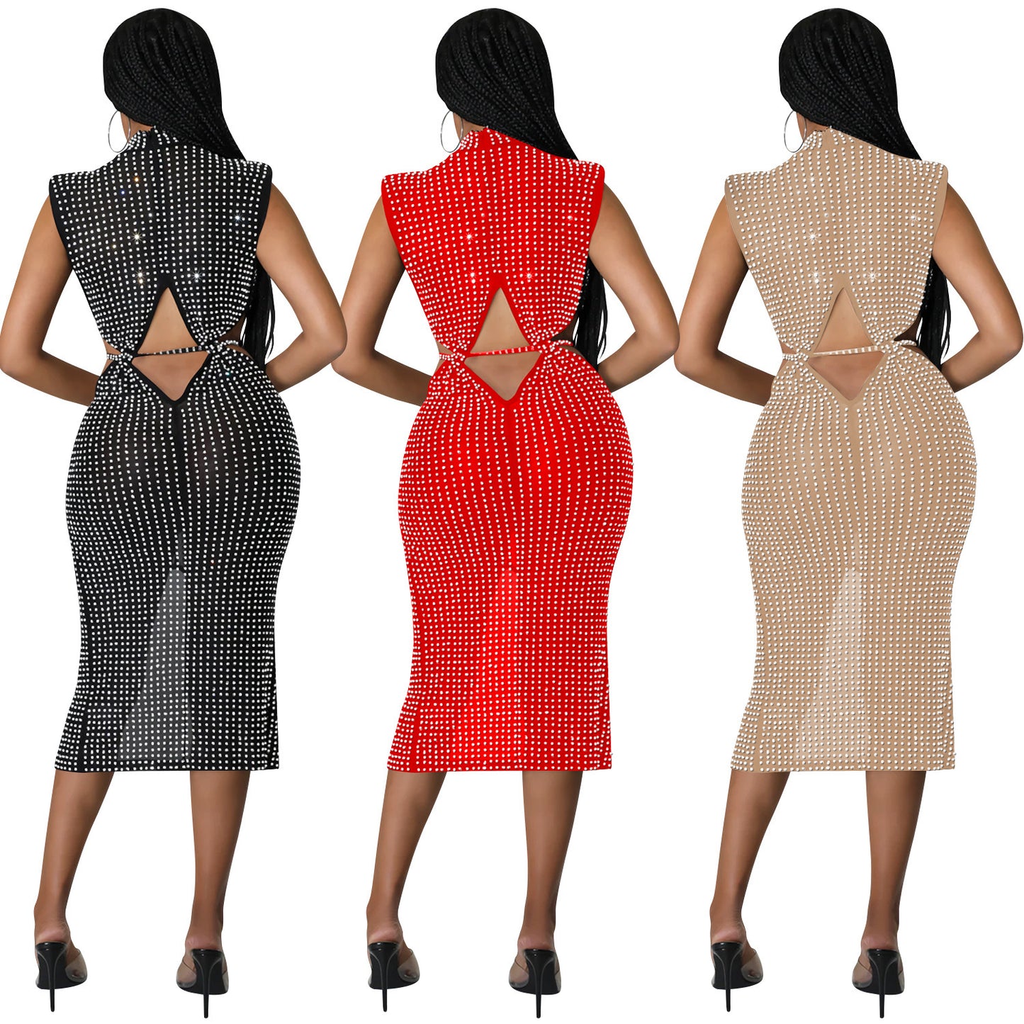 Fashion Mesh See-through Rhinestone Hollow Split Dress Women's Clothing