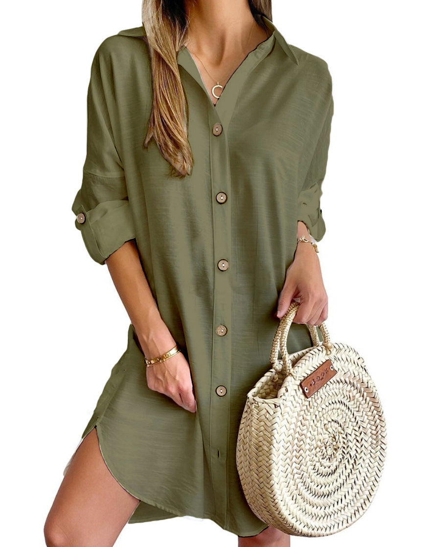 Robe chemise boutonnée à manches longues et revers pour femme, vêtement d'automne décontracté