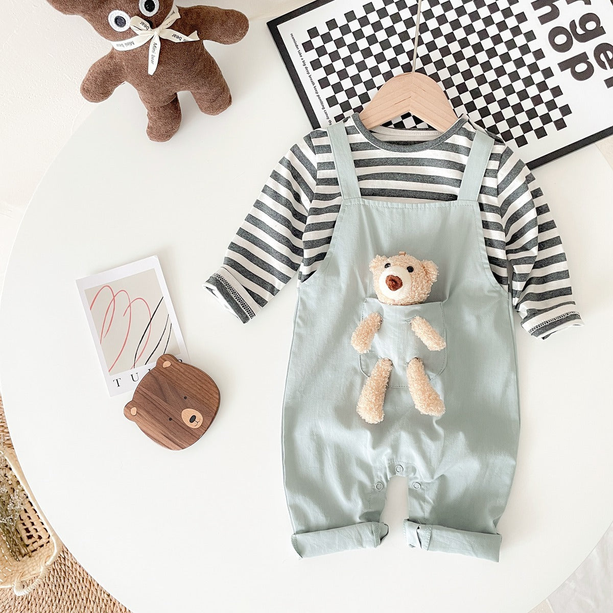 Pantalons à bretelles pour bébé, pour hommes et femmes, barboteuse en deux pièces avec faux ours, rayée, style coréen, printemps et automne