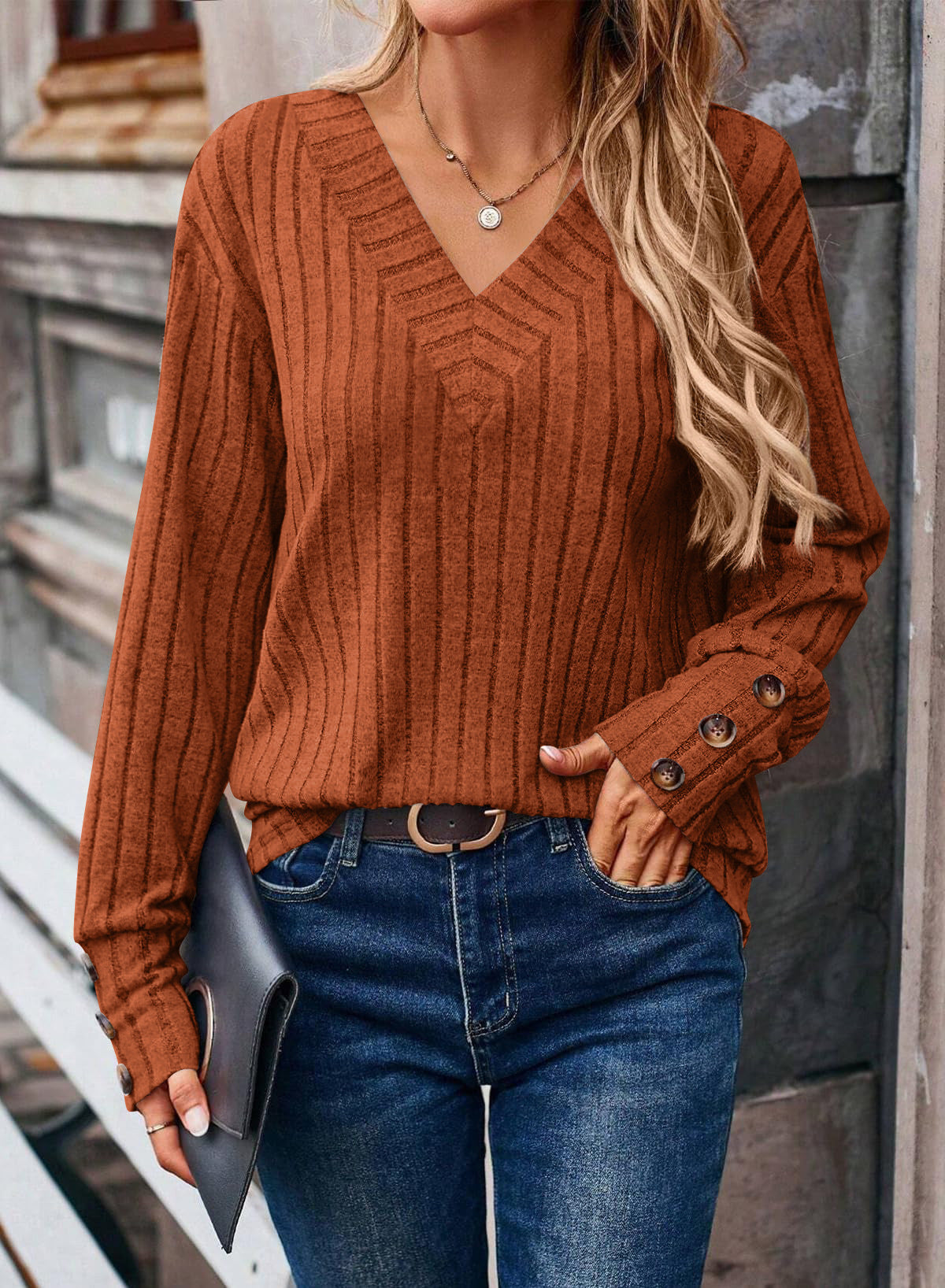 Women's Long Sleeve V-neck Shirt Solid Color Buttons