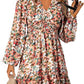 Floral V-neck Long Sleeve Pleated Elastic Waist Dress