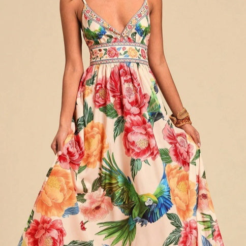 New Strap Print V-Neck Extra-Long Knitted Dress