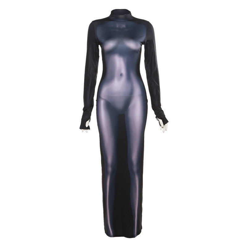 Women's Fashion 3D Body Print Round Neck Long Sleeve Slim Hip Bag Dress